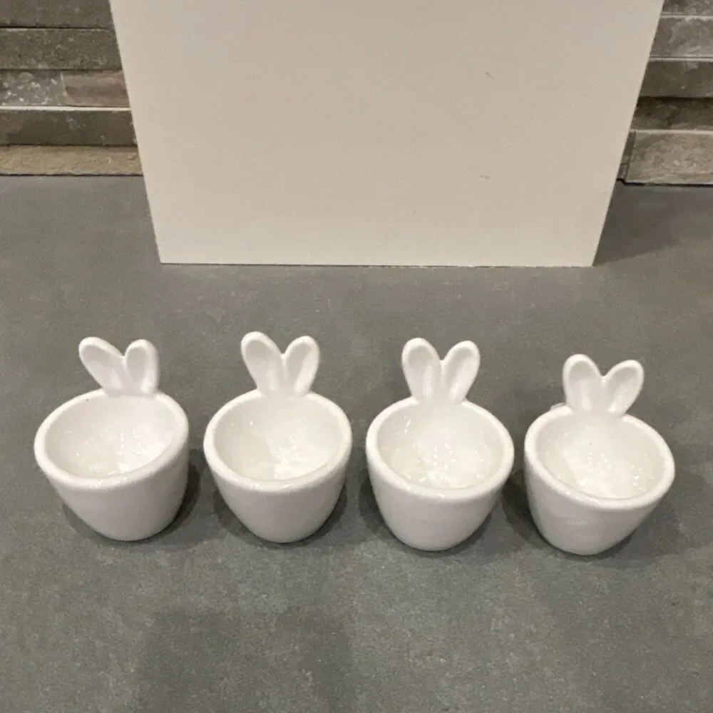 Hobby Lobby Set of 4 Bunny Ear Ceramic Egg Cups White Easter